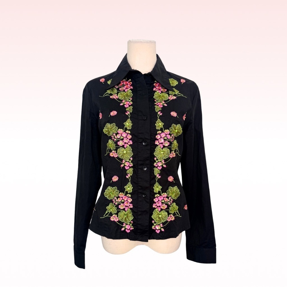 ING.COM Y2K Floral Embroidered Beaded Black Button Down Shirt (Sz M)